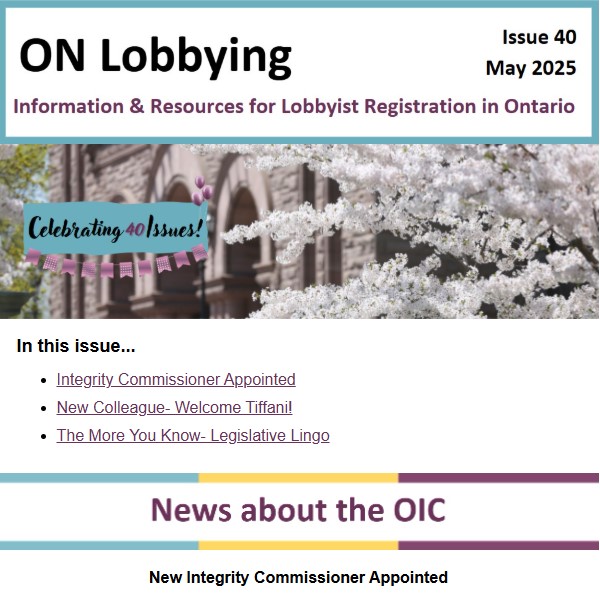 Image of the most recent issue of the ON Lobbying newsletter