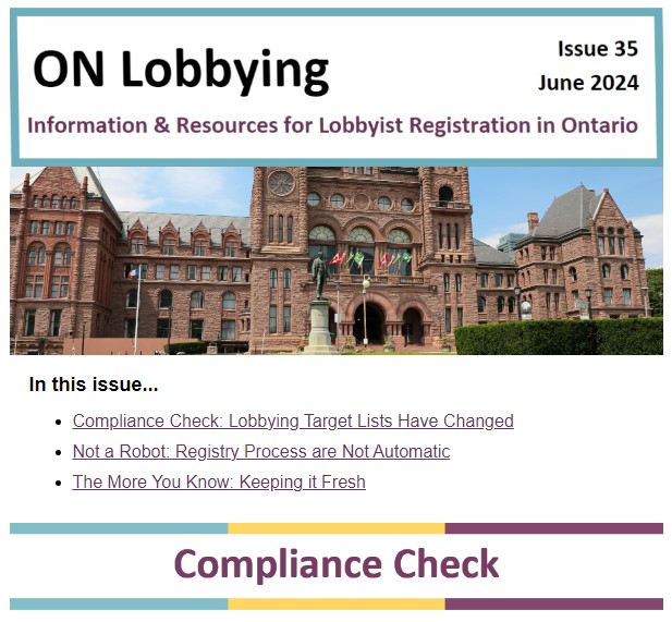 Image of the most recent issue of the ON Lobbying newsletter