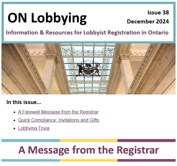 Image of the most recent issue of the ON Lobbying newsletter