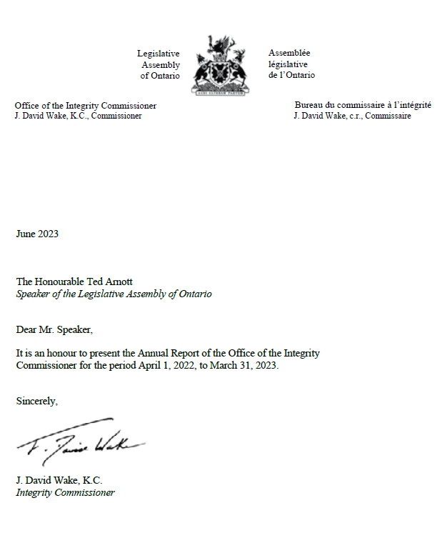 the commissioners letter to the speaker of the legislative assembly announcing the release of the 2022 2023 annual report
