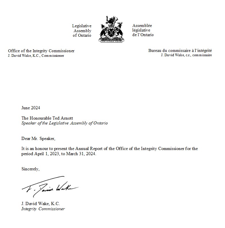 the commissioners letter to the speaker of the legislative assembly announcing the release of the 2023 - 2024 annual report