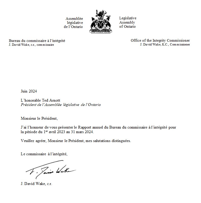 the commissioners letter to the speaker of the legislative assembly announcing the release of the 2023 2024 annual report