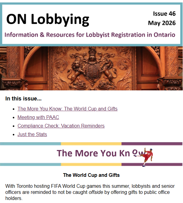 Image of the most recent issue of the ON Lobbying newsletter