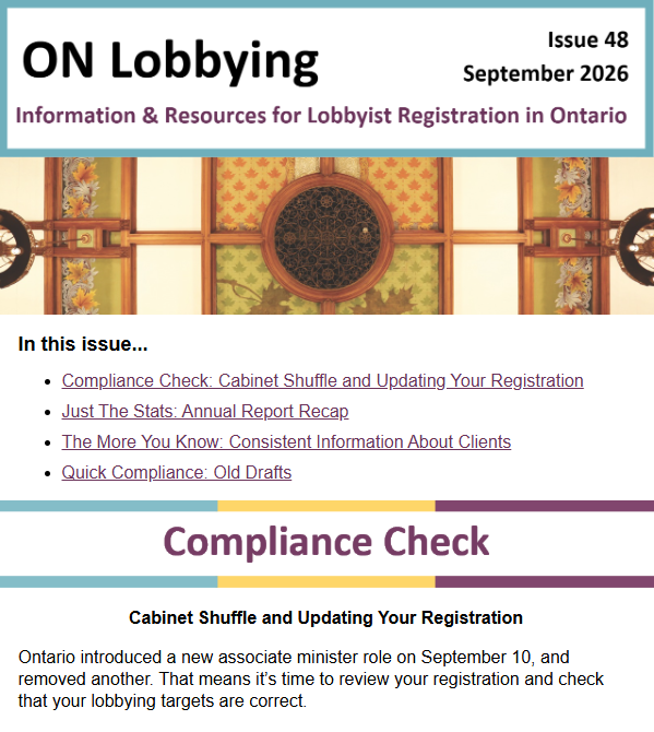 Image of the most recent issue of the ON Lobbying newsletter